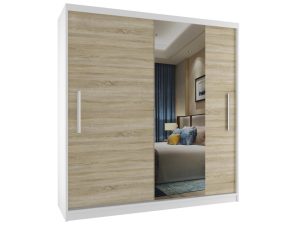Kleiderschrank 158 cm Belini weiß matt / Eiche sonoma mit Schiebetüren und Spiegel Hersteller MSE SZP3/2/W/1DS1L/AL