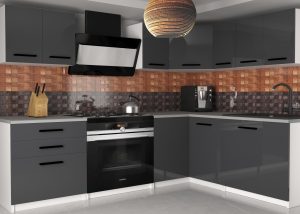 Eckküche Belini 300 cm grau glänzend mit Arbeitsplatte Armin2 Hersteller INF ARMIN2/3/WT/S/0/B1