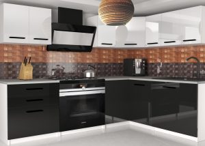 Eckküche Belini 300 cm weiß glänzend / schwarz glänzend mit Arbeitsplatte Armin2 Hersteller INF ARMIN2/3/WT/WB/0/B1

