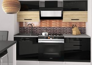 Küchenzeile Belini 120 cm schwarz glänzend / Eiche sonoma mit Arbeitsplatte Eleganta2 Hersteller INF ELEGANTA2/2/WT/BDSB/0/B1
