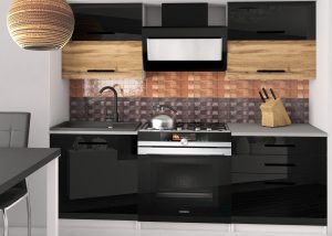Küchenzeile Belini 120 cm schwarz glänzend / Eiche wotan mit Arbeitsplatte Eleganta2 Hersteller INF ELEGANTA2/2/WT/BDWB/0/B1