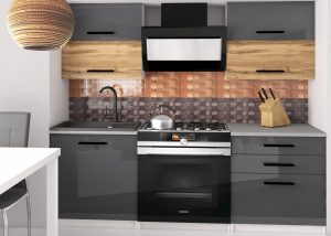 Küchenzeile Belini 120 cm grau glänzend / Eiche wotan mit Arbeitsplatte Eleganta2 Hersteller INF ELEGANTA2/2/WT/SDWS/0/B1