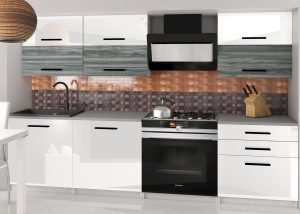 Küchenzeile Belini 180 cm weiß glänzend / grau anthrazit Glamour Wood mit Arbeitsplatte Primera2 Hersteller INF PRIMERA2/2/WT/WGW1W/0/B1