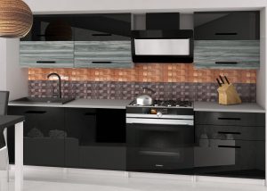Küchenzeile Belini 180 cm schwarz glänzend / grau anthrazit Glamour Wood mit Arbeitsplatte Primera2 Hersteller INF PRIMERA2/2/WT/BGW1B/0/B1