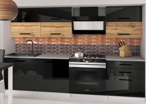 Küchenzeile Belini 180 cm schwarz glänzend / Eiche Wotan mit Arbeitsplatte Primera2 Hersteller INF PRIMERA2/2/WT/BDWB/0/B1