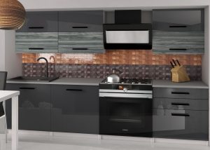 Küchenlinie Belini 180 cm grau glänzend / grau anthrazit Glamour Wood mit Arbeitsplatte Primera2 Hersteller INF PRIMERA2/2/WT/SGW1S/0/B1