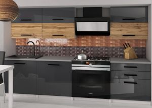 Küchenzeile Belini 180 cm grau glänzend / Eiche wotan mit Arbeitsplatte Primera2 Hersteller INF PRIMERA2/2/WT/SDWS/0/B1