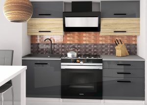 Küchenzeile Belini 120 cm grau glänzend / Eiche sonoma mit Arbeitsplatte Eleganta2 Hersteller INF ELEGANTA2/2/WT/SDSS/0/B1