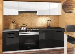 Küchenzeile Belini 180 cm weiß glänzend / schwarz glänzend mit Arbeitsplatte Superuniqa2 Hersteller INF SUPERUNIQA2/4/WT/WB/0/B1