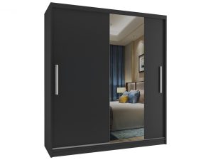 Kleiderschrank 133 cm Belini schwarz matt mit Schiebetüren und Spiegel Hersteller MSE SZP2/2/B/1B1L/AL