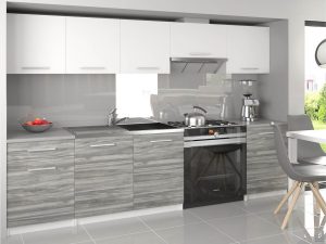Küchenzeile Belini 240 cm weiß matt / grau anthrazit Glamour Wood ohne Arbeitsplatte Uniqa2 Hersteller TOR UNIQA3/3/WT/WTGW1/BB/E