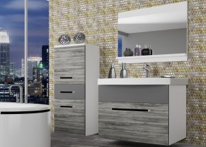 Badezimmermöbel Belini grau anthrazit Glamour Wood / grau matt + Waschbecken + Spiegel Hersteller ROD M 2/0/W/GW1SR/0/ZW