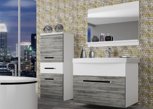 Badezimmermöbel Belini grau anthrazit Glamour Wood / weiß matt + Waschbecken + Spiegel Hersteller ROD M 2/0/W/GW1W/0/ZW