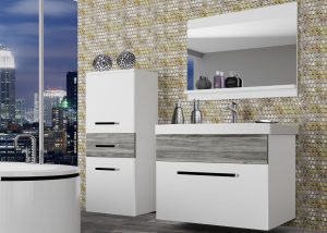 Badezimmermöbel Belini grau anthrazit Glamour Wood / weiß matt + Waschbecken + Spiegel Hersteller ROD M 2/0/W/WGW1/0/ZW