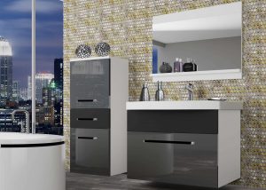Badezimmermöbel Belini grau glänzend / schwarz matt + Waschbecken + Spiegel Hersteller ROD PM 2/0/W/SB/0/ZW