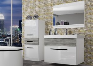 Badezimmermöbel Belini weiß glänzend / grau anthrazit Glamour Wood + Waschbecken + Spiegel Hersteller ROD PM 2/0/W/WGW1/0/ZW
