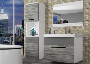 Badezimmermöbel Belini grau anthrazit Glamour Wood / grau matt + Waschbecken + Spiegel Hersteller ROD M 3/0/W/GW1SR/0/ZW