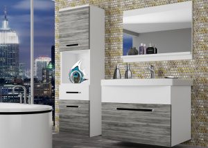Badezimmermöbel Belini grau anthrazit Glamour Wood / weiß matt + Waschbecken + Spiegel Hersteller ROD M 3/0/W/GW1W/0/ZW