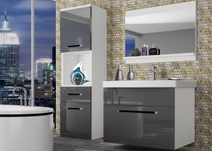 Badezimmermöbel Belini grau glänzend + Waschbecken + Spiegel Hersteller ROD P 3/0/W/S/0/ZW