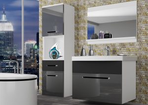 Badezimmermöbel Belini grau glänzend / schwarz matt + Waschbecken + Spiegel Hersteller ROD PM 3/0/W/SB/0/ZW