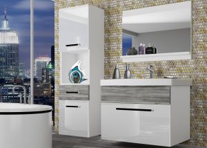 Badezimmermöbel Belini weiß glänzend / grau anthrazit Glamour Wood + Waschbecken + Spiegel Hersteller ROD PM 3/0/W/WGW1/0/ZW