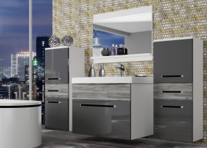 Badezimmermöbel Belini grau glänzend / grau anthrazit Glamour Wood + Waschbecken + Spiegel Hersteller ROD PM 4/0/W/SGW1/0/ZW