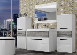 Badezimmermöbel Belini weiß glänzend / grau anthrazit Glamour Wood + Waschbecken + Spiegel Hersteller ROD PM 4/0/W/WGW1/0/ZW