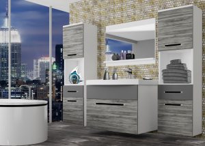 Badezimmermöbel Belini grau anthrazit Glamour Wood / grau matt + Waschbecken + Spiegel Hersteller ROD M 6/0/W/GW1SR/0/ZW