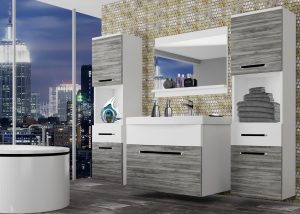 Badezimmermöbel Belini grau anthrazit Glamour Wood / weiß matt + Waschbecken + Spiegel Hersteller ROD M 6/0/W/GW1W/0/ZW