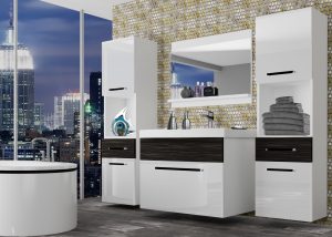 Badezimmermöbel Belini weiß glänzend / königliches Ebenholz + Waschbecken + Spiegel Hersteller ROD PM 6/0/W/WHK/0/ZW