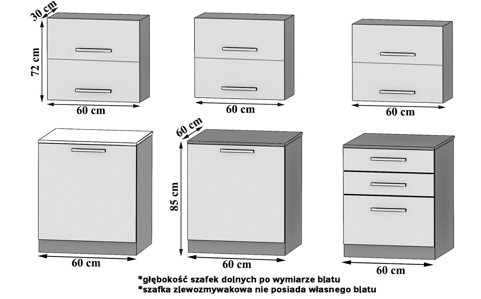 Küchenzeile Belini 180 cm grau glänzend / Eiche wotan mit Arbeitsplatte Primera2 Hersteller INF PRIMERA2/2/WT/SDWS/0/B1