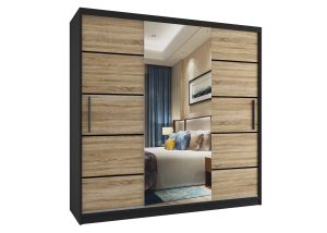 Kleiderschrank 200 cm Belini schwarz matt / Sonoma-Eiche mit Schiebetüren mit Spiegel und Schubladen Hersteller MT SZP5/1/B/DS/0/KLP