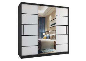 Kleiderschrank 200 cm Belini schwarz matt / weiß matt mit Schiebetüren mit Spiegel und Schubladen Hersteller MT SZP5/1/B/W/0/KLP