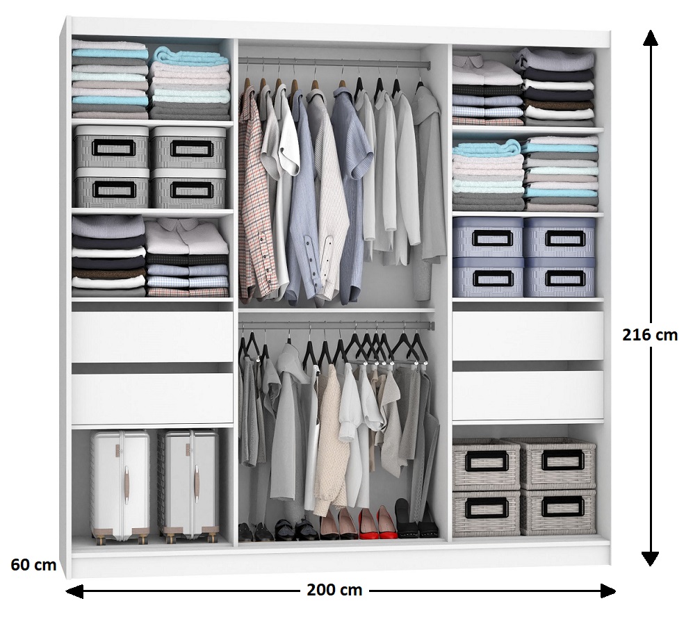 Kleiderschrank 200 cm Belini weiß matt / schwarz matt mit Schiebetüren mit Spiegel und Schubladen Hersteller MT SZP5/1/W/B/0/KLAL