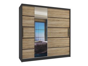 Kleiderschrank 200 cm Belini schwarz matt / Sonoma-Eiche mit Schiebetüren mit Spiegel und Schubladen Hersteller MBP SZP5/1/B/DS/0/KLP