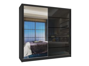 Kleiderschrank 200 cm Belini schwarz matt / schwarz glänzend mit Schiebetüren mit Spiegel und Schubladen Hersteller MGB SZP5/1/B/1L5B/KLP