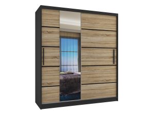 Kleiderschrank 133 cm Belini schwarz matt / Sonoma-Eiche mit Schiebetüren mit Spiegel und Schubladen Hersteller MBP SZP6/1/B/DS/0/KLP