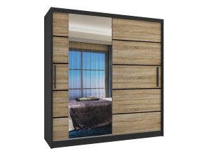 Kleiderschrank 158 cm Belini schwarz matt / Sonoma-Eiche mit Schiebetüren mit Spiegel und Schubladen Hersteller MBP SZP7/0/B/DS/0/KLP