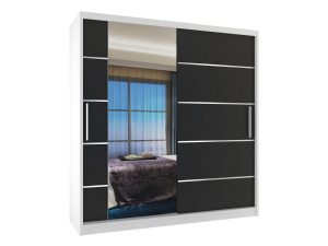 Kleiderschrank 158 cm Belini weiß matt / schwarz matt mit Schiebetüren mit Spiegel und Schubladen Hersteller MBP SZP7/0/W/B/0/KLAL
