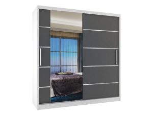 Kleiderschrank 158 cm Belini weiß matt / grau matt mit Schiebetüren mit Spiegel und Schubladen Hersteller MBP SZP7/0/W/SR/0/KLAL