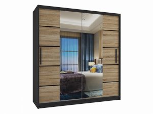 Kleiderschrank 158 cm Belini schwarz matt / Sonoma-Eiche mit Schiebetüren mit Spiegel und Schubladen Hersteller ME SZP7/0/B/DS/0/KLP