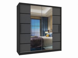 Kleiderschrank 158 cm Belini schwarz matt / grau matt mit Schiebetüren mit Spiegel und Schubladen Hersteller ME SZP7/0/B/SR/0/KLP