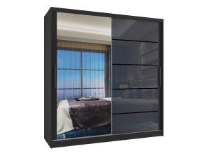 Kleiderschrank 158 cm Belini schwarz matt / grau glänzend mit Schiebetüren mit Spiegel und Schubladen Hersteller MGB SZP7/0/B/1L5S/KLP