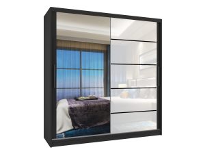 Kleiderschrank 158 cm Belini schwarz matt / weiß glänzend mit Schiebetüren mit Spiegel und Schubladen Hersteller MGB SZP7/0/B/1L5W/KLP