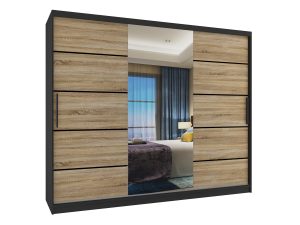 Kleiderschrank 235 cm Belini schwarz matt / Sonoma-Eiche mit Schiebetüren mit Spiegel und Schubladen Hersteller MBP SZP8/0/1B/2DS1L/0/KLP