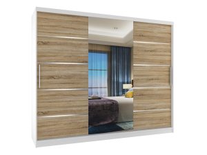 Kleiderschrank 235 cm Belini weiß matt / Sonoma-Eiche mit Schiebetüren mit Spiegel und Schubladen Hersteller MBP SZP8/0/1W/2DS1L/0/KLAL
