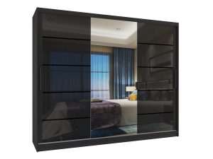 Kleiderschrank 235 cm Belini schwarz matt / schwarz glänzend mit Schiebetüren mit Spiegel und Schubladen Hersteller MGB SZP8/0/B/2B1L/KLP