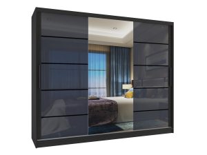 Kleiderschrank 235 cm Belini schwarz matt / grau glänzend mit Schiebetüren mit Spiegel und Schubladen Hersteller MGB SZP8/0/B/2S1L/KLP