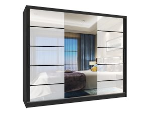 Kleiderschrank 235 cm Belini schwarz matt / weiß glänzend mit Schiebetüren mit Spiegel und Schubladen Hersteller MGB SZP8/0/B/2W1L/KLP