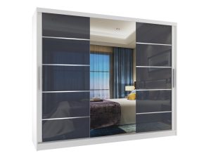 Kleiderschrank 235 cm Belini weiß matt / grau glänzend mit Schiebetüren mit Spiegel und Schubladen Hersteller MGB SZP8/0/W/2S1L/KLAL